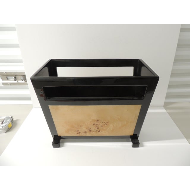 2010s Art Deco Revival Black Lacquered Mappa Burl Walnut Magazine Stand For Sale - Image 5 of 9