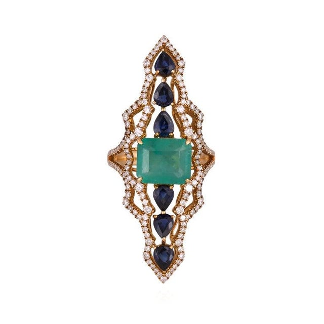 Set in 18k Gold, 3.99 Carats Emerald, Blue Sapphires & Diamonds Cocktail Ring, Us Size 7 For Sale - Image 10 of 14