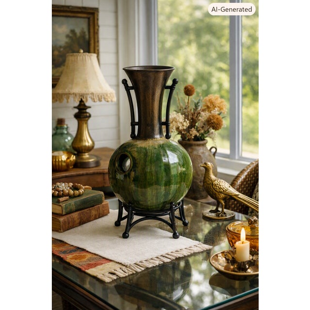 Modern Artisan Glazed Ceramic Vase on Wrought Iron Stand With Sculptural Horn Accent For Sale - Image 3 of 10