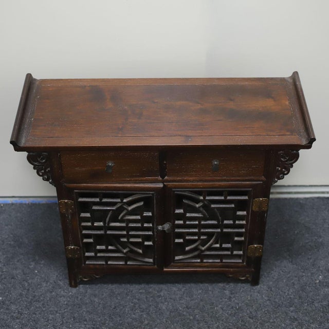 Chinese Vintage Chinese Hardwood Altar-Style Cabinet With Fretwork Doors & Drawers - 56.5cm For Sale - Image 3 of 10