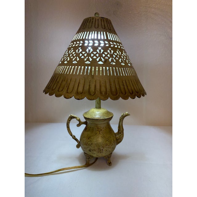 Indian Vintage 1960s Etched Brass Teapot Lamp With Pierced Metal Shade For Sale - Image 3 of 4