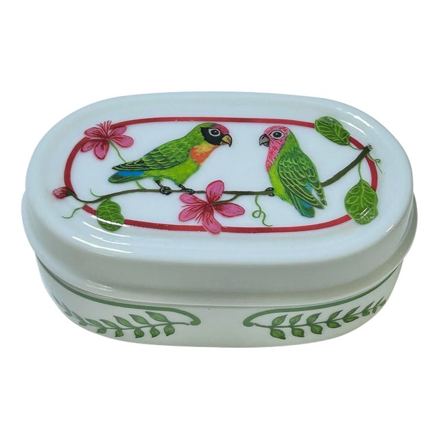 Lynn Chase Parrots of Paradise Porcelain Box - Vintage Tropical Decorative Trinket Box For Sale