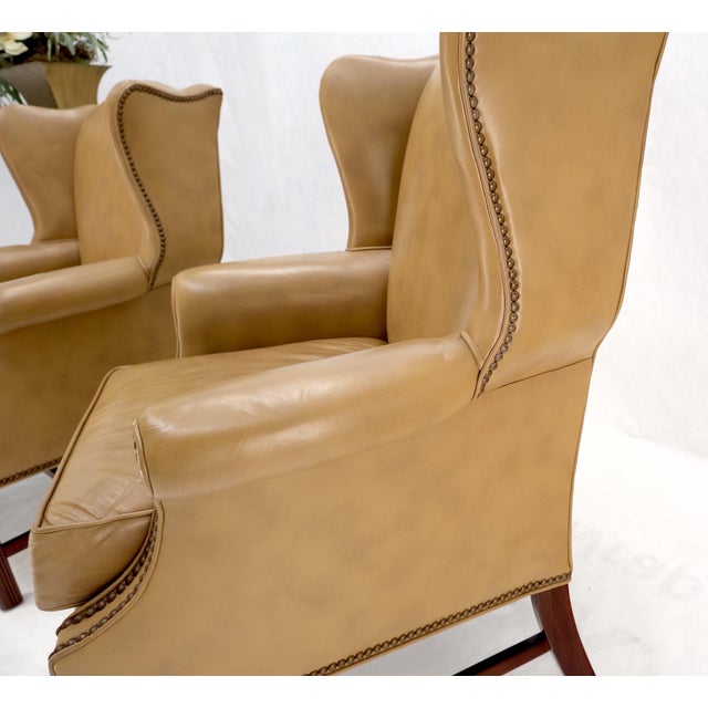 Mid 20th Century Pair of Tall Tan Leather Wing Chairs on Solid Mahogany Stretcher Base Mint! For Sale - Image 5 of 17