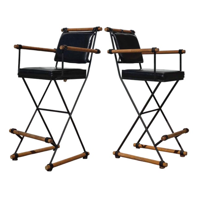 Pair of Cleo Baldon for Inca Campaign Style Bar Stools For Sale