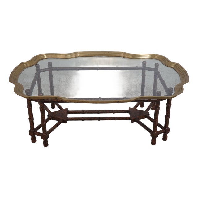 Baker Regency Style Faux Bamboo Glass Top Coffee Table For Sale