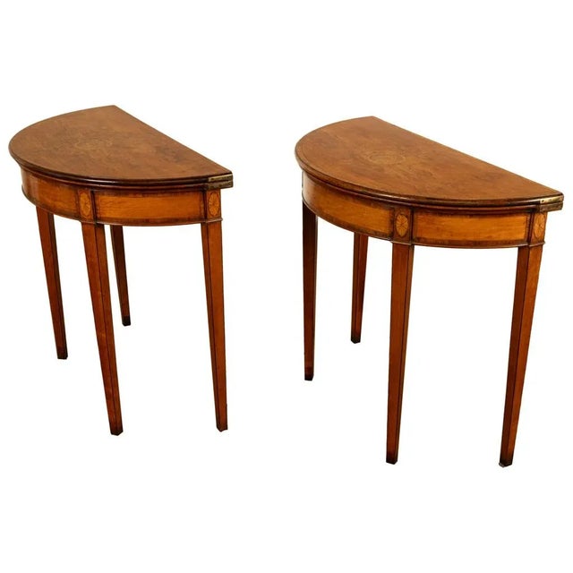 Wood Antique Pair Georgian Demi-Lune Inlaid Mahogany & Stainwood Card Tables 1780 For Sale - Image 7 of 18