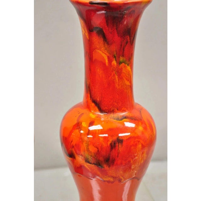 Vintage Red Lava Drip Glazed Mid Century Modern Ceramic Pottery Vessel Vase Pair For Sale In Philadelphia - Image 6 of 11