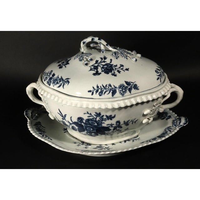 First Period Worcester Porcelain Soup Tureen, Cover and Stand, Pine Cone Pattern, Blue and White Dr. Wall Period, Circa...