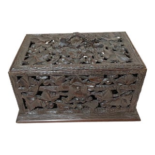 Antique Hand Carved German Black Forest Wood Reticulated Floral Dresser Box For Sale