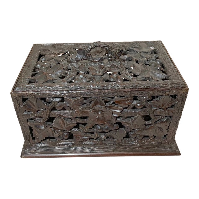 Antique Hand Carved German Black Forest Wood Reticulated Floral Dresser Box For Sale