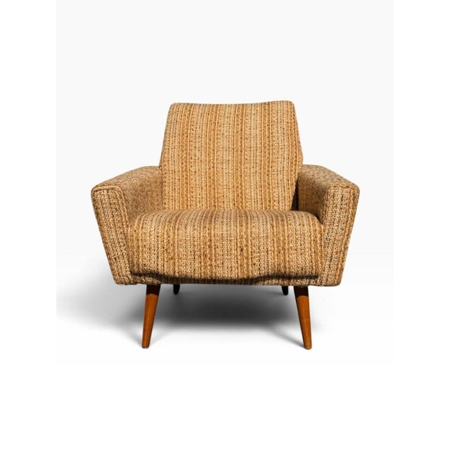 Pair of Danish Modern Lounge Chairs | Sculptural Flared Arms in Woven Tweed | Tapered Wood Legs | C. 1960s For Sale - Image 10 of 16