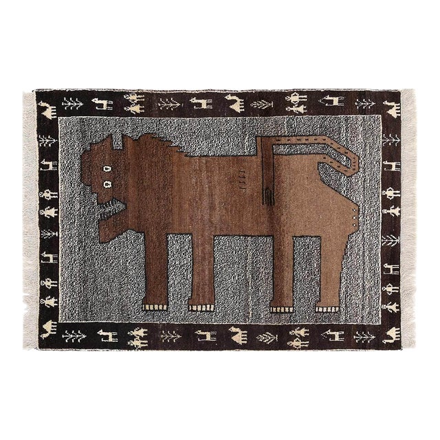 Animal Pictorial Lion Shiraz Persian Hand Knotted Wool Rug For Sale