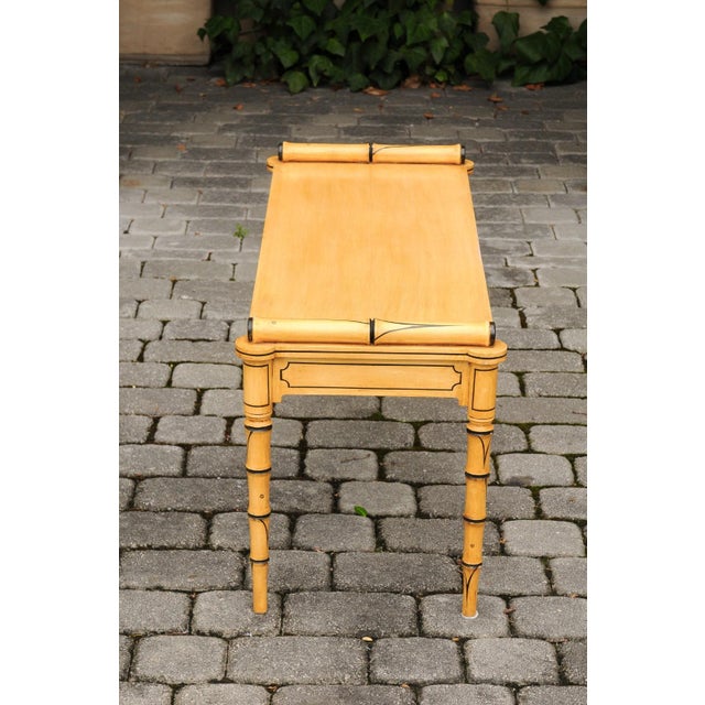 Vintage English Midcentury Goldenrod Painted Wooden Bench with Black Accents For Sale - Image 11 of 11