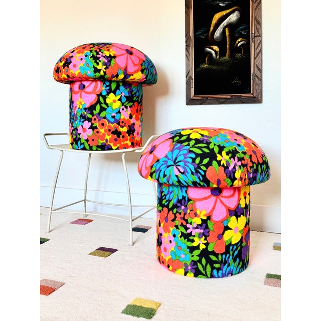 A handmade mushroom shaped ottoman, upholstered in vintage mid century fabric. Fabric is a synthetic material with a...