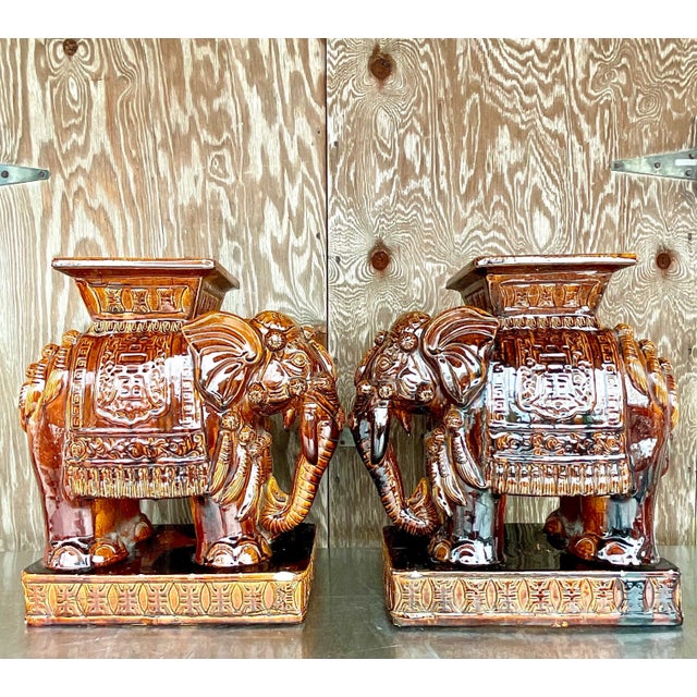 Ceramic Vintage Coastal Glazed Ceramic “Root Beer” Elephant Garden Seats - a Pair For Sale - Image 7 of 10