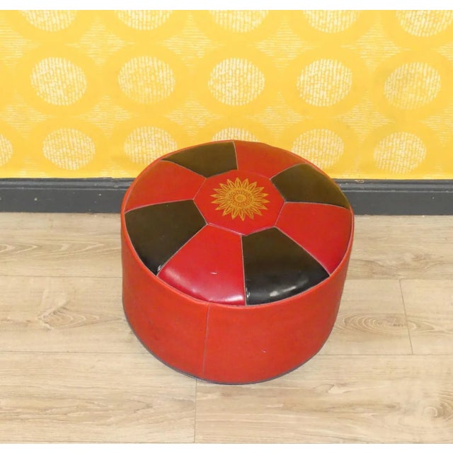 Boho Chic Black and Red Faux Leather Ottoman, 1970s For Sale - Image 3 of 8