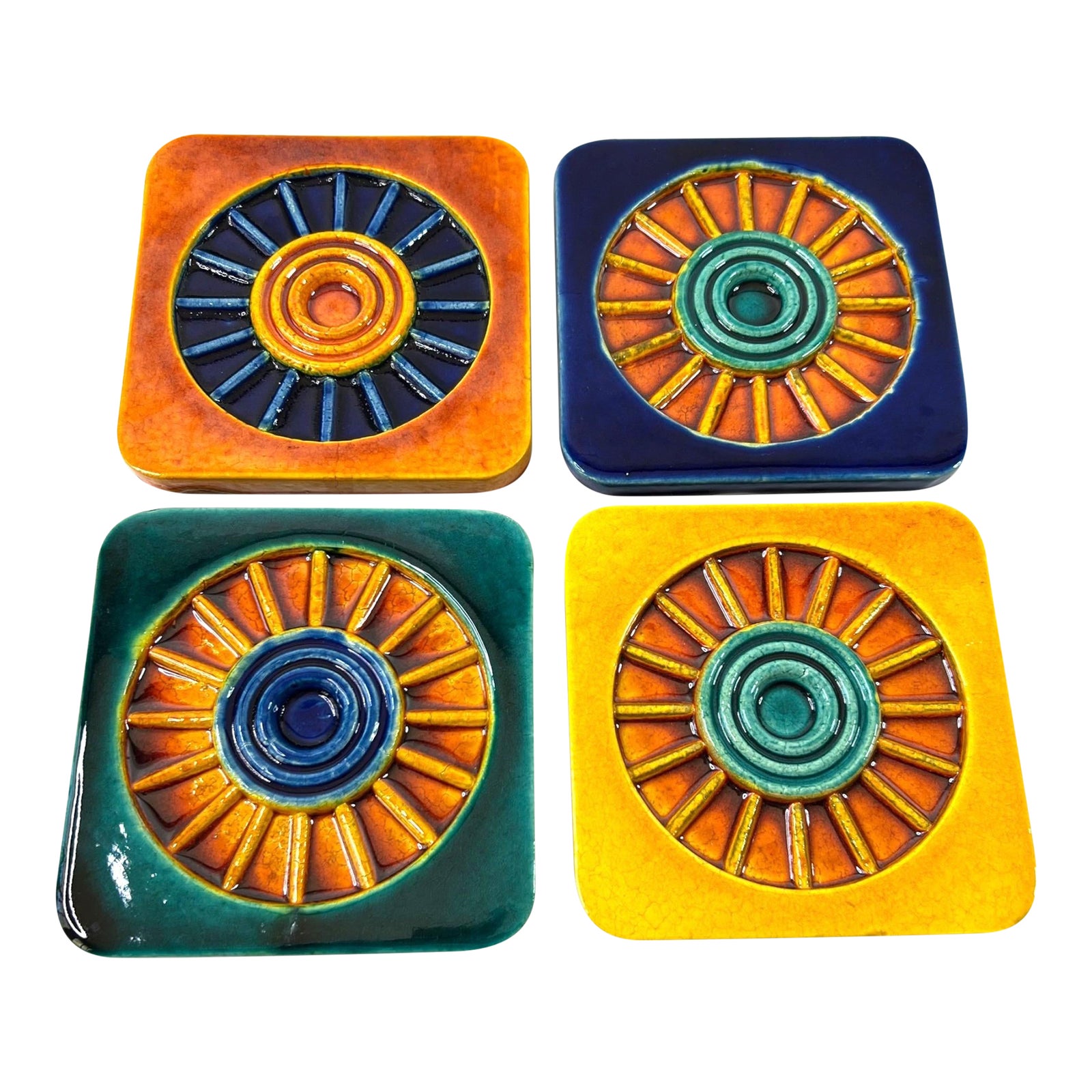 1990s Colorful Ceramic Tile Coasters Square High Gloss Spanish Style
