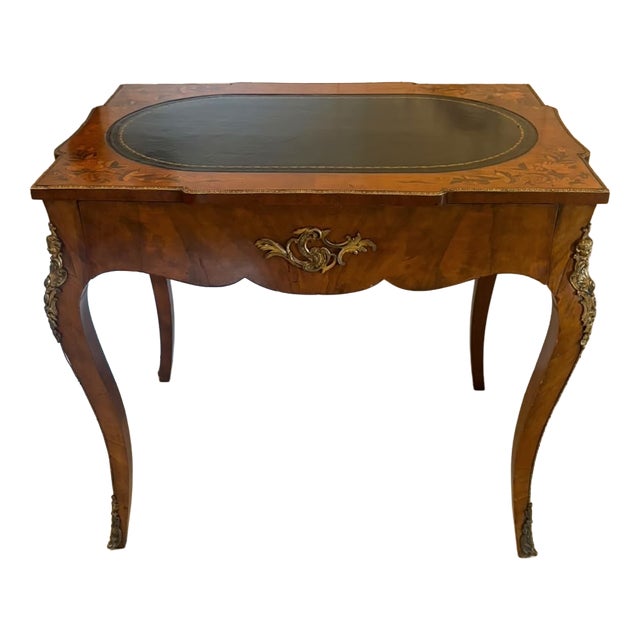 Antique French Walnut Marquetry Inlaid Writing Desk with Leather Top, 1860s For Sale
