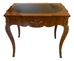 Antique French Walnut Marquetry Inlaid Writing Desk with Leather Top, 1860s