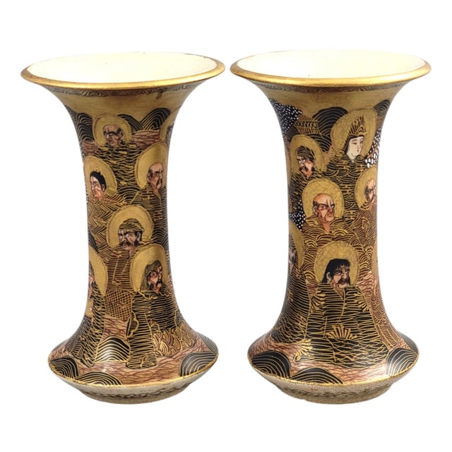 Japanese Satsuma Hododa Vases with Dragon and Rakan, Set of 2 For Sale