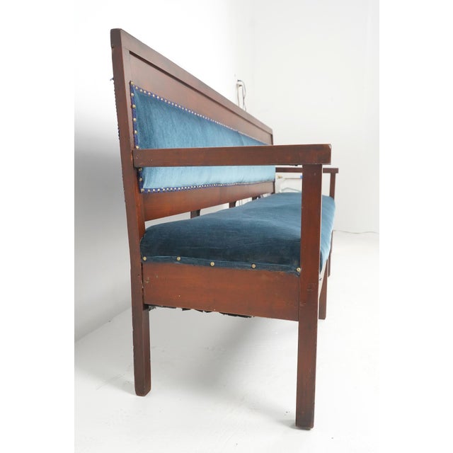 Blue Mid 20th Century Traditional 114.75 In. Blue Velvet Walnut Settee Bench For Sale - Image 8 of 12