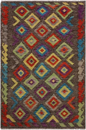 Contemporary Kilim Brown/Purple Hand-Woven Wool Rug -3'5 X 4'11