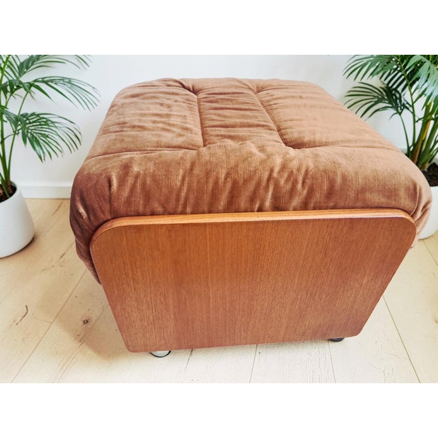 Wood Mid-Century Saddle Ottoman in Teak and Caramel Velour on Castors from G-Plan, 1980s For Sale - Image 7 of 14