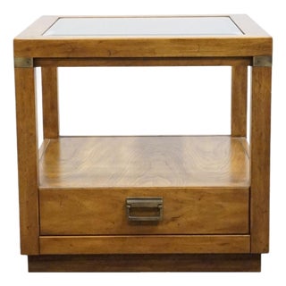 Drexel Heritage Woodbriar Collection Pecan Rustic European 26" Square Accent End Table W. Glass Top 988-342 For Sale