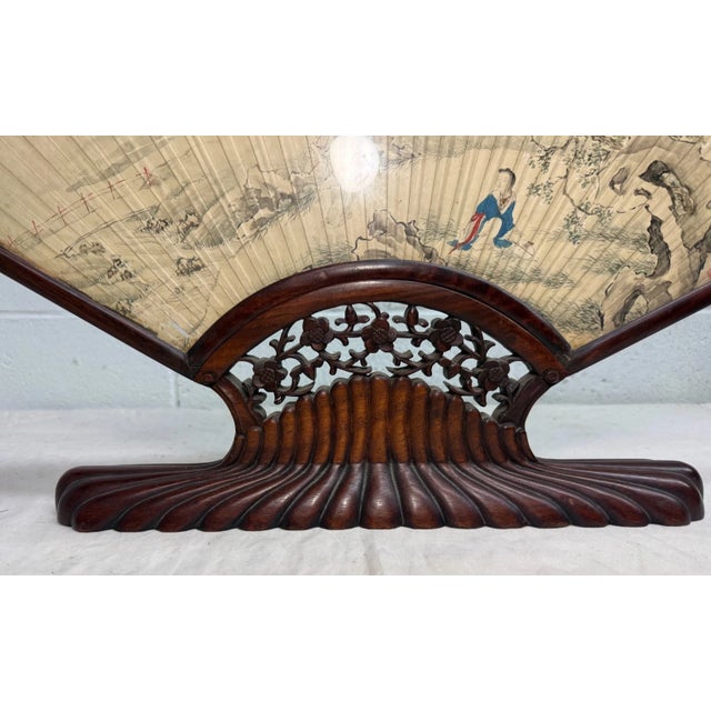 Antique Early 1800's Chinese Qing Dynasty Hand Painted Hand Fan Carved Wood Base For Sale - Image 4 of 18