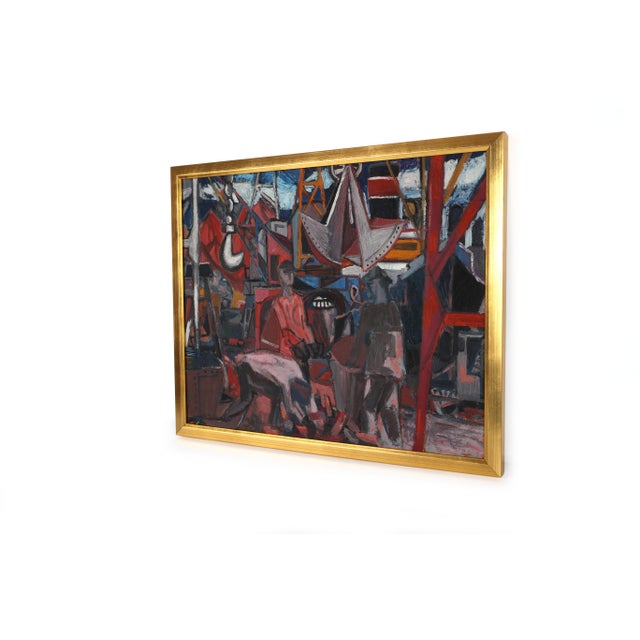 Figurative Mid Century Modernist Mechanical Painting on Canvas of the Port of Caen, France For Sale - Image 3 of 10