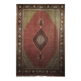 Antique Persian Tabriz Mahi Rug, Hand-Knotted Wool & Silk, Herati Geometric Pattern, Pomegranate Red & Tan, 7x10 For Sale