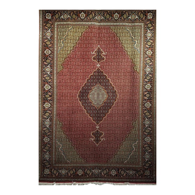 Antique Persian Tabriz Mahi Rug, Hand-Knotted Wool & Silk, Herati Geometric Pattern, Pomegranate Red & Tan, 7x10 For Sale
