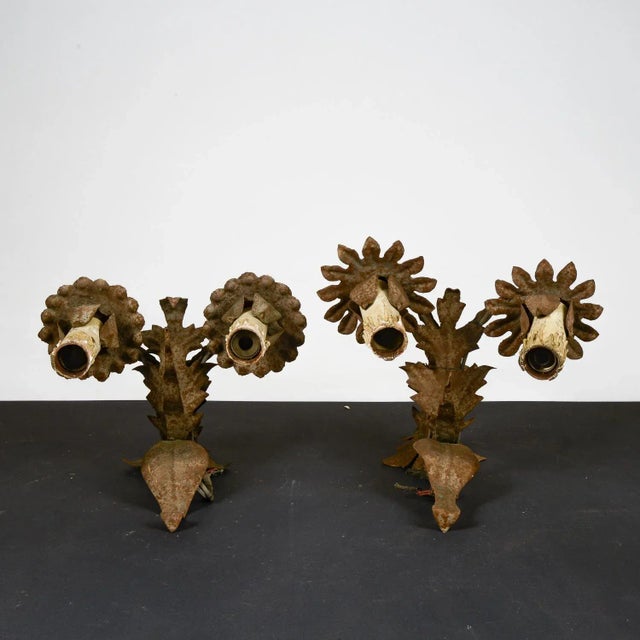 Metal Iron Flower & Leaf Wall Lights, Set of 2 For Sale - Image 7 of 9