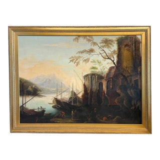 Large 17th Century Italian Oil on Canvas Ships Sea Painting "Marina Delle Torri" Circle of Salvator Rosa, 1660 For Sale
