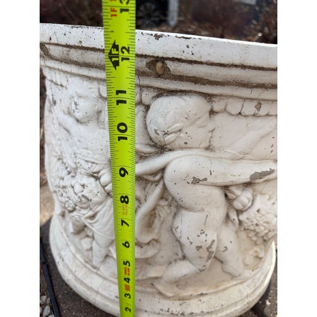 Vintage Cast Stone Cherub Planter Jardinière – Classical European Garden Urn With Putti Relief, Aged Patina Outdoor Planter For Sale - Image 4 of 9