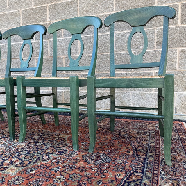 Wood Vintage Pottery Barn Napoleon Dining Chairs in Distressed Green With Rush Seats - Set of 4 For Sale - Image 7 of 18