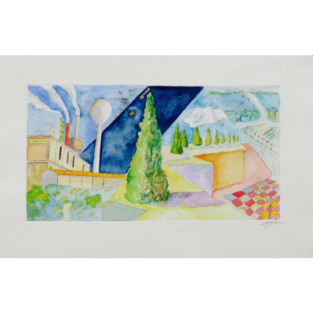 2020s Martha Holden "Cubist French Landscape" Watercolor and Etching on Paper For Sale - Image 5 of 5