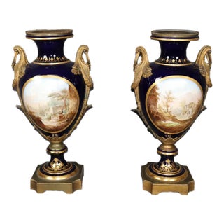 Palatial 19th Century French Cobalt Blue Porcelain Vases - Attributed to Sèvres (Pair) For Sale