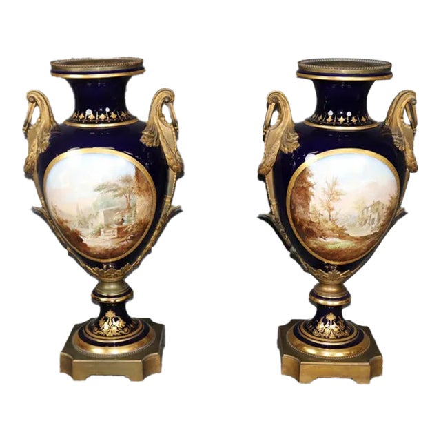 Palatial 19th Century French Cobalt Blue Porcelain Vases - Attributed to Sèvres (Pair) For Sale