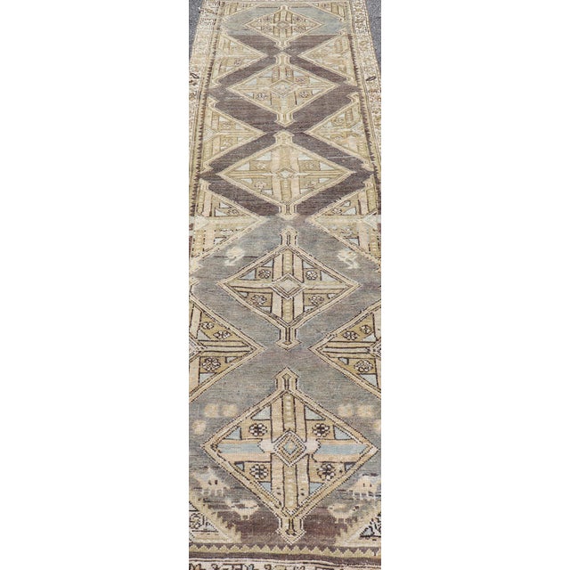 Antique Persian Kurdish Runner with Medallion in Charcoal, Blue, And Acid Green. rug EMB-22202-15465, country of origin /...