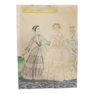 19th or 20th Century American Godey's Style Fashion Watercolor Painting