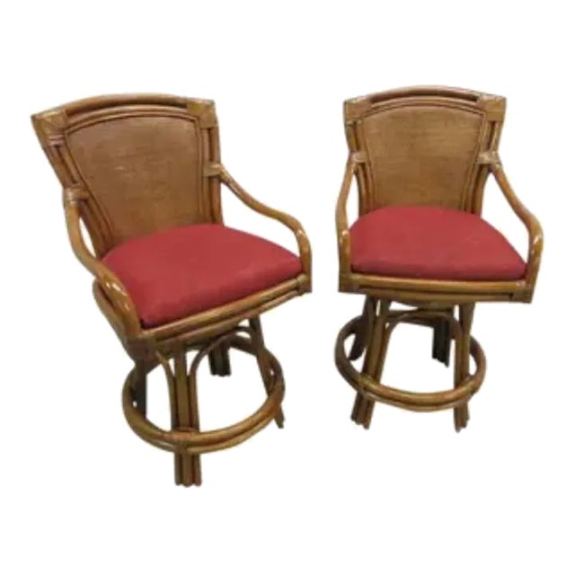 Barbara Barry McGuire Style Rattan Swivel Bar Stool - a Pair For Sale