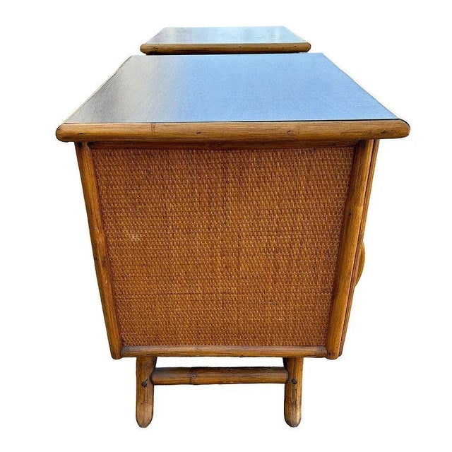 1950s Restored James Mont Styles Rattan & Woven Wicker Bedside Table, Pair For Sale - Image 4 of 9