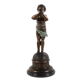 Antique Bronze Boy Figure Blowing a Bugle on Marble Base – Classical Figural Sculpture For Sale