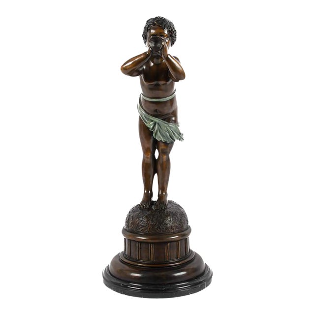 Antique Bronze Boy Figure Blowing a Bugle on Marble Base – Classical Figural Sculpture For Sale
