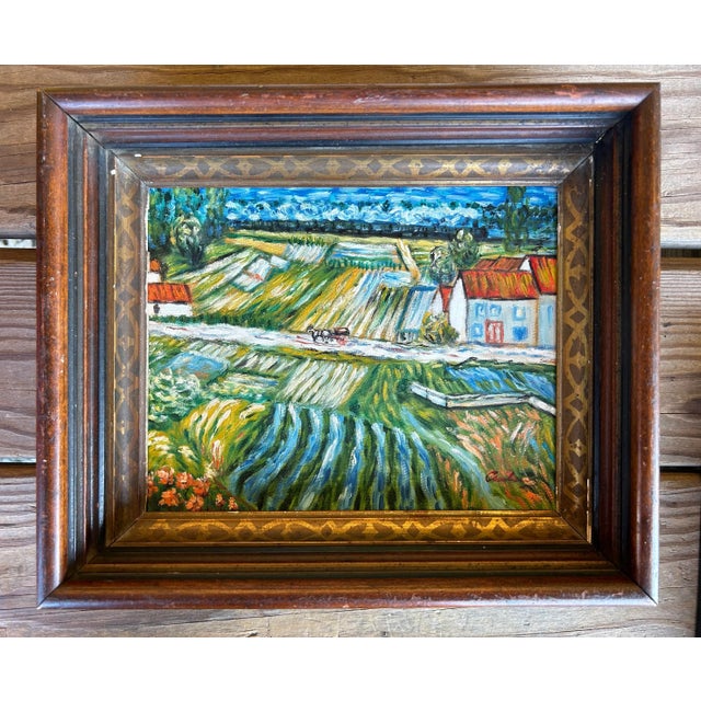 Vintage impressionist landscape painting on canvas in antique walnut shadow box frame. Painting is signed to the lower...