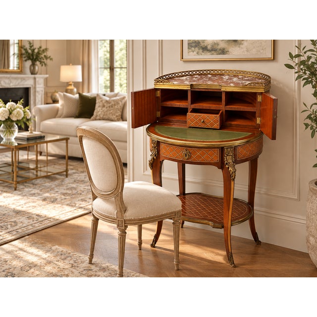 Antique French Kingwood Parquetry Freestanding Ormolu Ladys Writing Desk Bonheur Du Jour, 1880 For Sale - Image 3 of 16