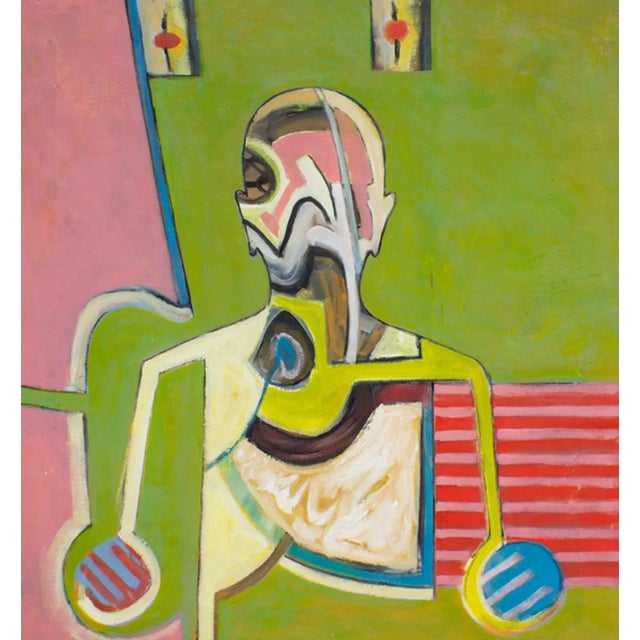 An abstract oil on canvas painting by American artist James L. Bruch (1942-2023). An outline of a person stands out...