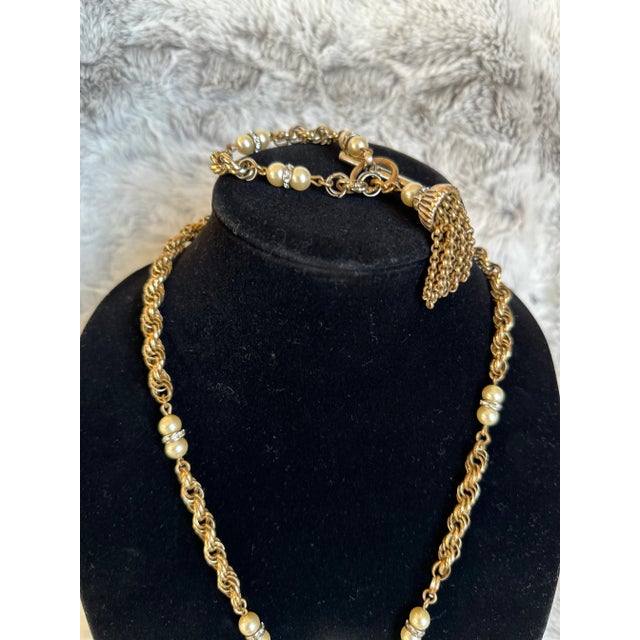 Mid-Century Modern Mid 20th Century Trifari Chainlink Tassel Faux Pearl Rhinestone Necklace and Bracelet Set - 2 Pieces For Sale - Image 3 of 12