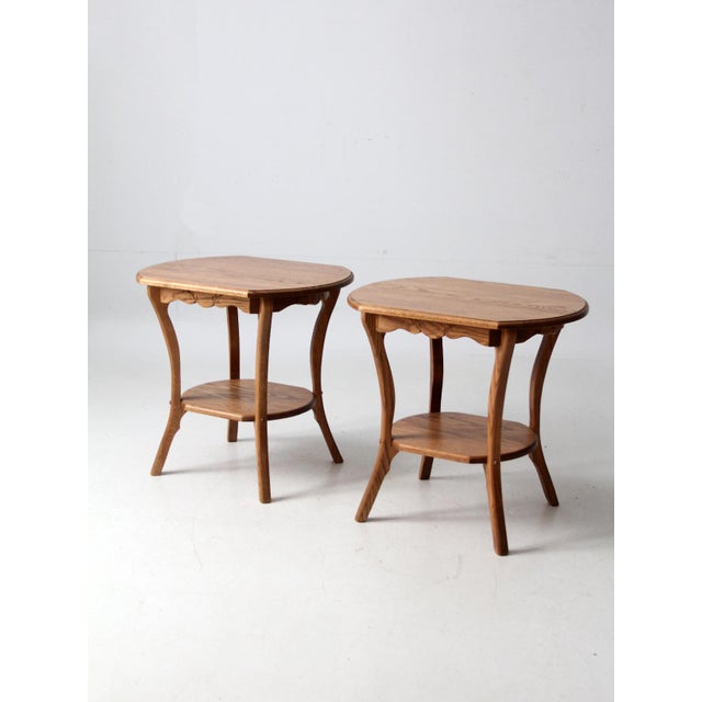 Vintage Oak Side Tables With Carved Wheat Sheaf Apron Pair For Sale - Image 6 of 9